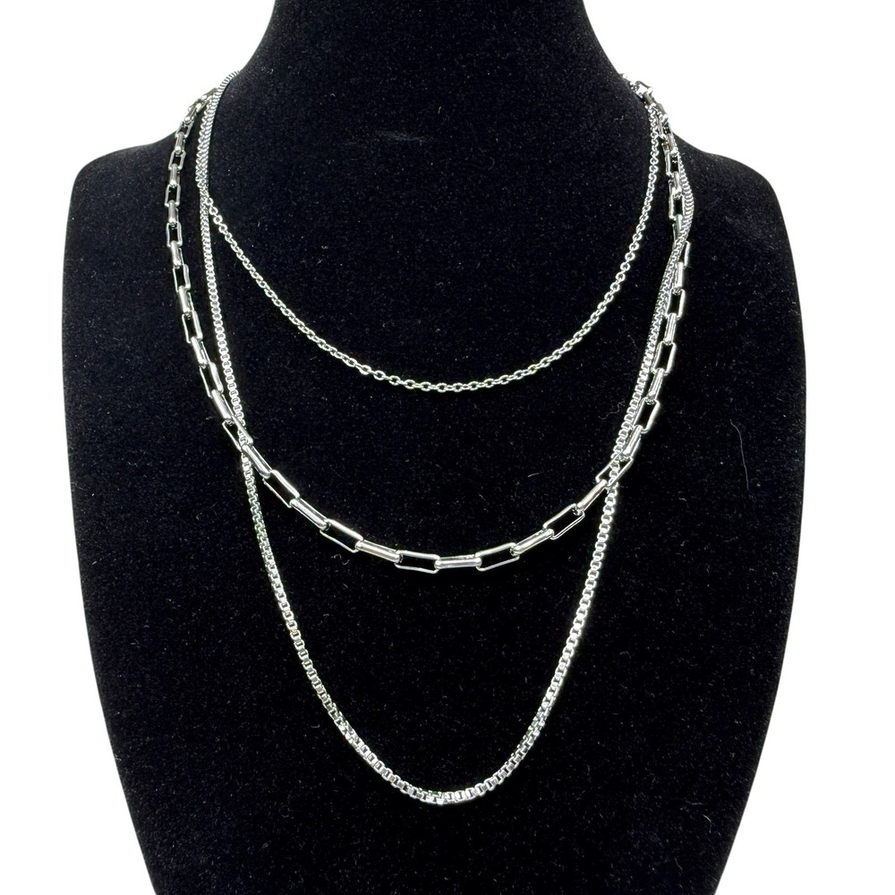 S Steel Layered Silver Tone Necklace Set Multi-Chain Paperclip Box Cable 14 in